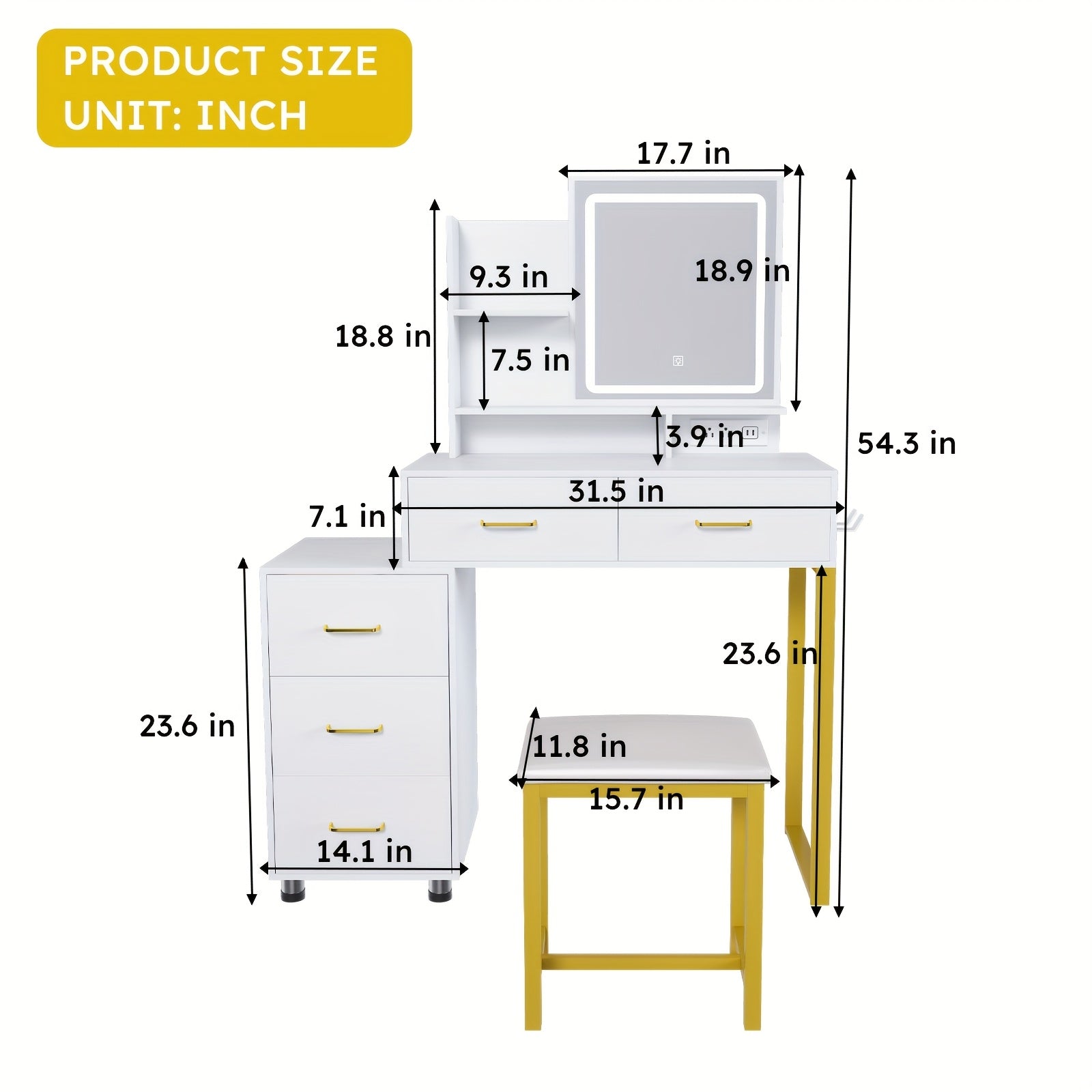Montary Modern Dressing Table with Mirror And Light, Dressing Table with 5 Storage Drawers And Shelves, Dressing Table Set with Adjustable 3 Mode Lighting And Hairdryer Holder, White And Golden