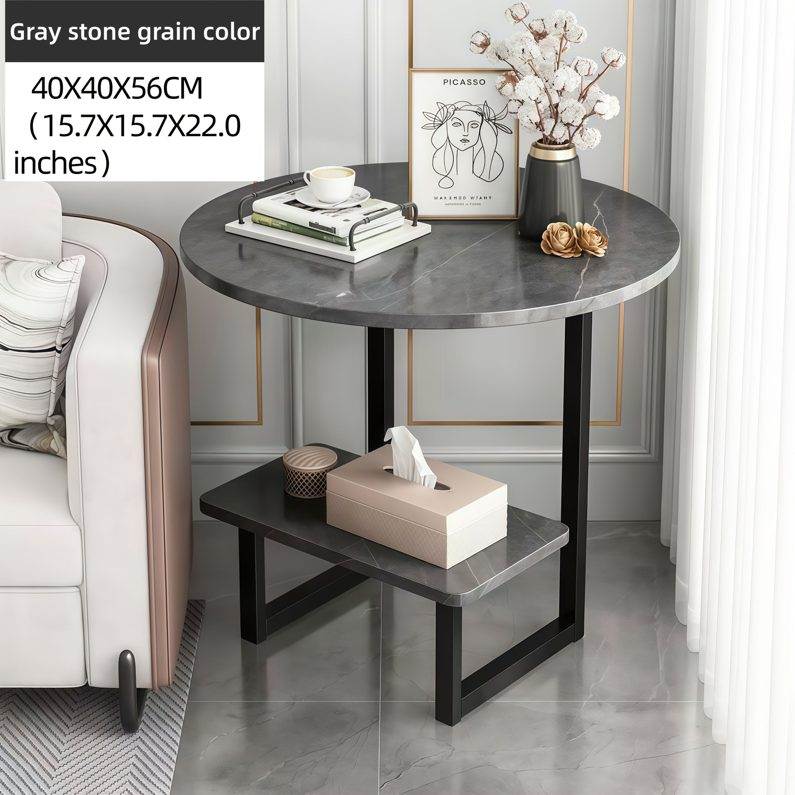 Contemporary Circular Bedside Table Featuring a Storage Shelf, with a White Marble Surface And a Black Metal Structure, Measuring 15.7 Inches in Diameter