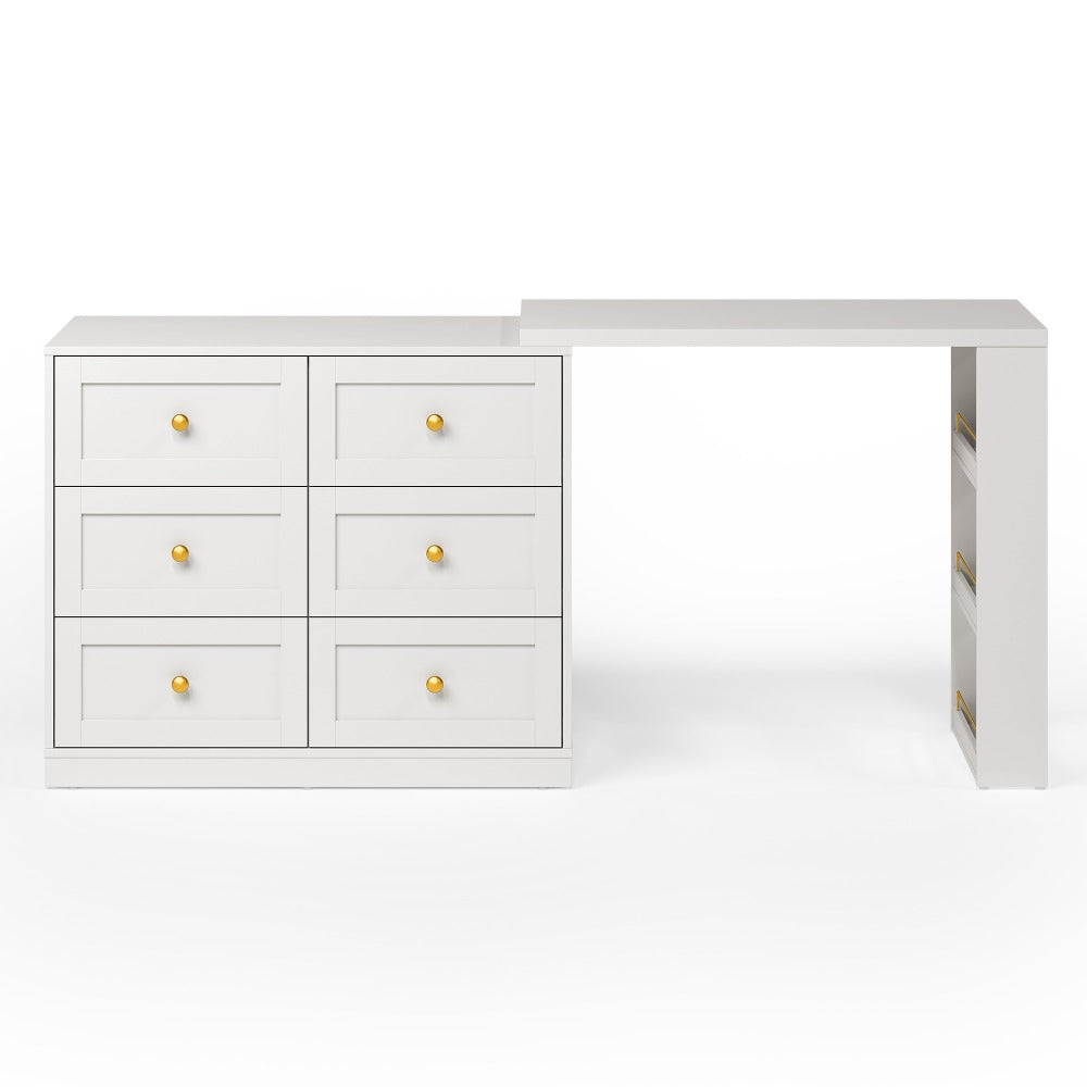 Royalcraft 6-Drawer Expandable Corner Vanity Table And Dresser Set with 3 Side Shelves, Makeup Vanity Desk, Wooden Dressing Table for Bedroom And Dressing Room