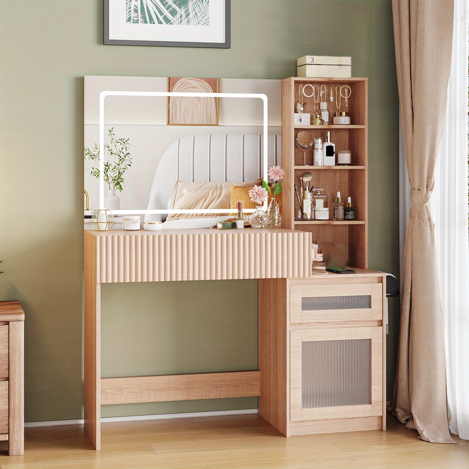 Makeup Vanity Desk with Mirror & LED Lights | USB Charging Station, 2 Drawers & Storage Shelves