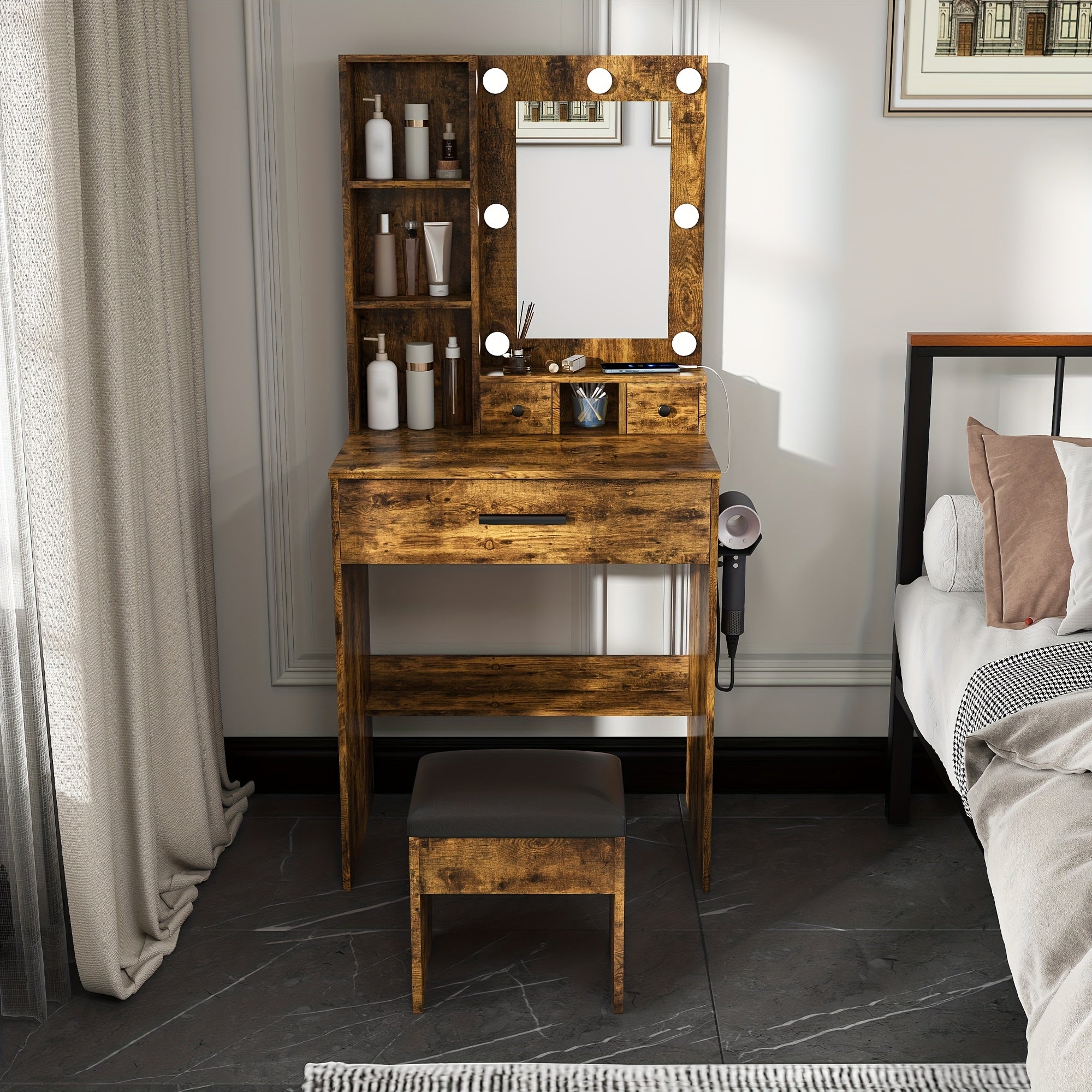 Vanity Table with Mirror & Adjustable LED Lights, Power Outlet, Hairdryer Holder & Stool -Compact Dressing Desk for Small Bedrooms(White\u002FBlack\u002FVintage), Black Vanity Desk with Mirror And Lights, Mini Vanity, Dressing Mirror with Storage