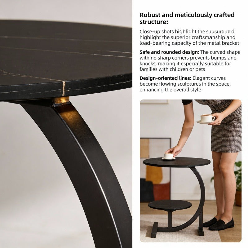Modern Minimalist Wrought-iron Wooden Side Table with Marble Top. Space-saving Sofa\u002Fnightstand with Storage. Features Metal Frame and Crescent Base Design, Compact and Portable, Easy to Assemble. Ideal for Small Apartments, Living Rooms, Bedrooms.