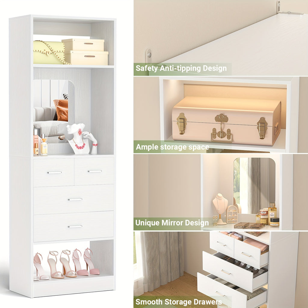 Unikito 25-Inch Wardrobe System Featuring Four Drawers, a 2-Foot Wooden Closet Organizer with Storage Shelves And a Mirror Design, a Robust Freestanding Walk-In Closet Tower for The Bedroom, Measuring 25\