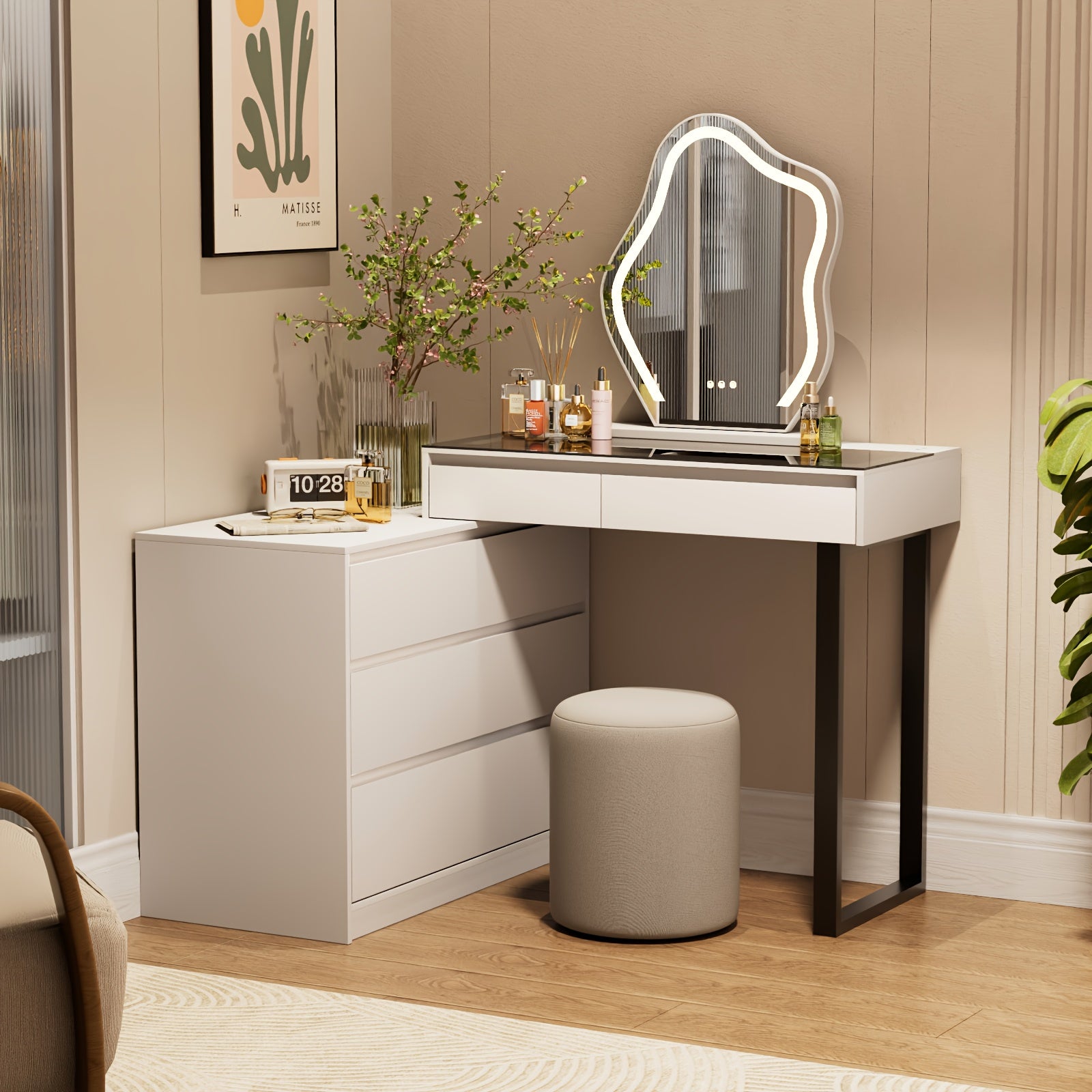 Corner Vanity Desk With Mirror And Lights, Makeup Table With Drawers & Jewelry Cabinet, 3 Color Led Lights & 5 Drawers Large Vanity With Storage, Bedroom, Dressing Table