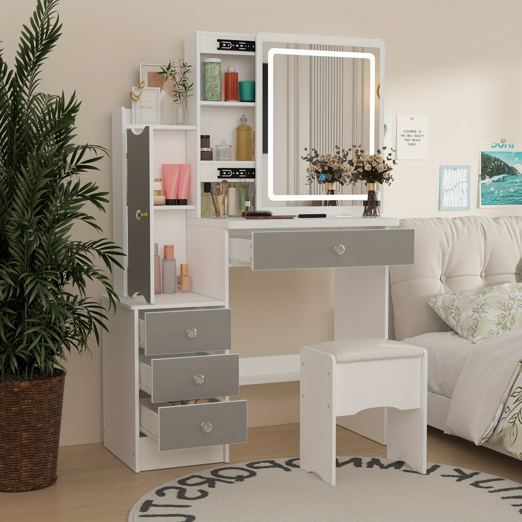 Modern Makeup Vanity Set with Mirror, 4 Drawers & Stool | Spacious Dressing Table with Hidden Storage Shelves, 52.4\