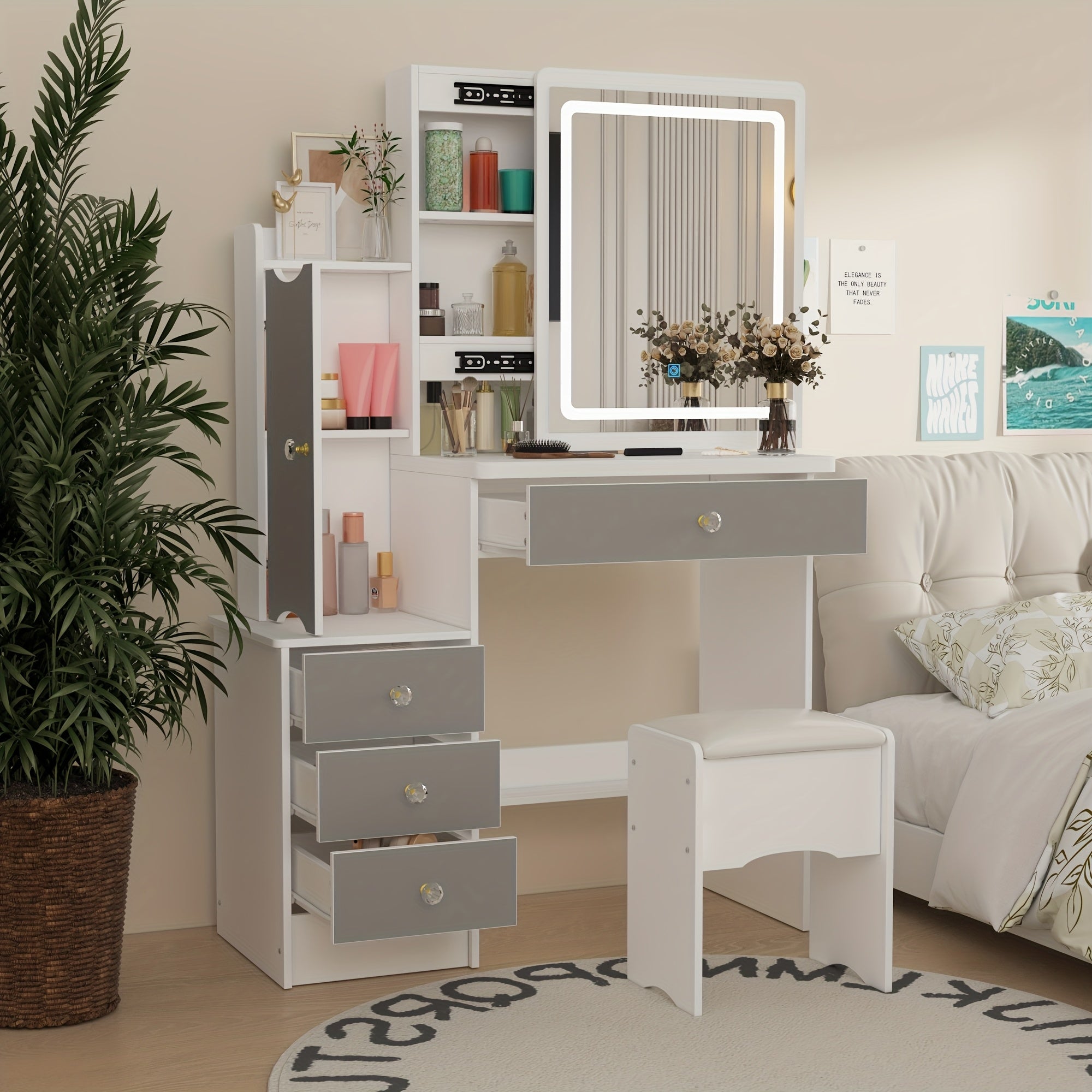 Modern Makeup Vanity Set with Mirror, 4 Drawers & Stool | Spacious Dressing Table with Hidden Storage Shelves, 52.4\