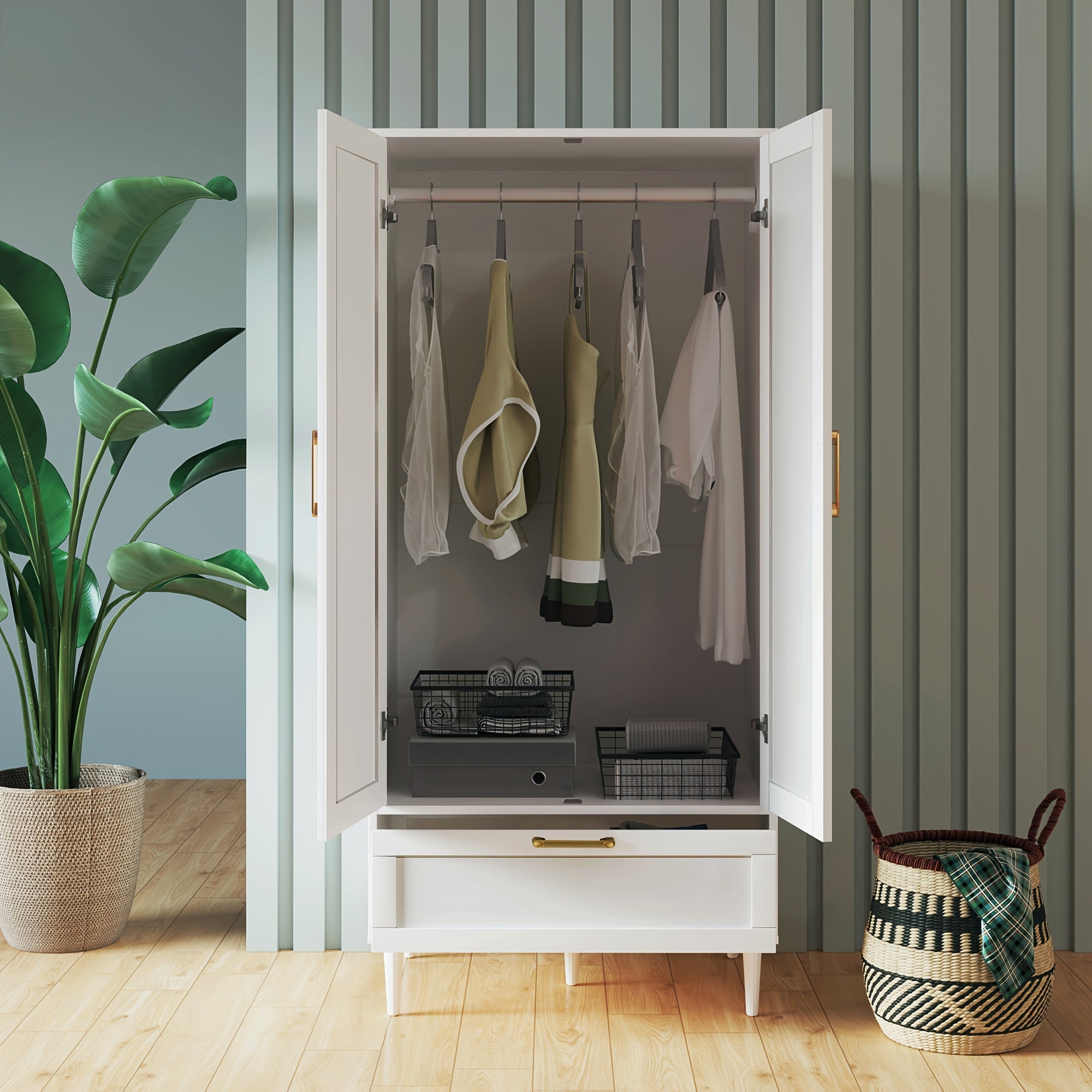 Modern Freestanding Wardrobe With Drawers, Double Doors, 60-Inch Large Capacity Storage Cabinet With Hanging Rod, Ideal For Bedroom Home Organization