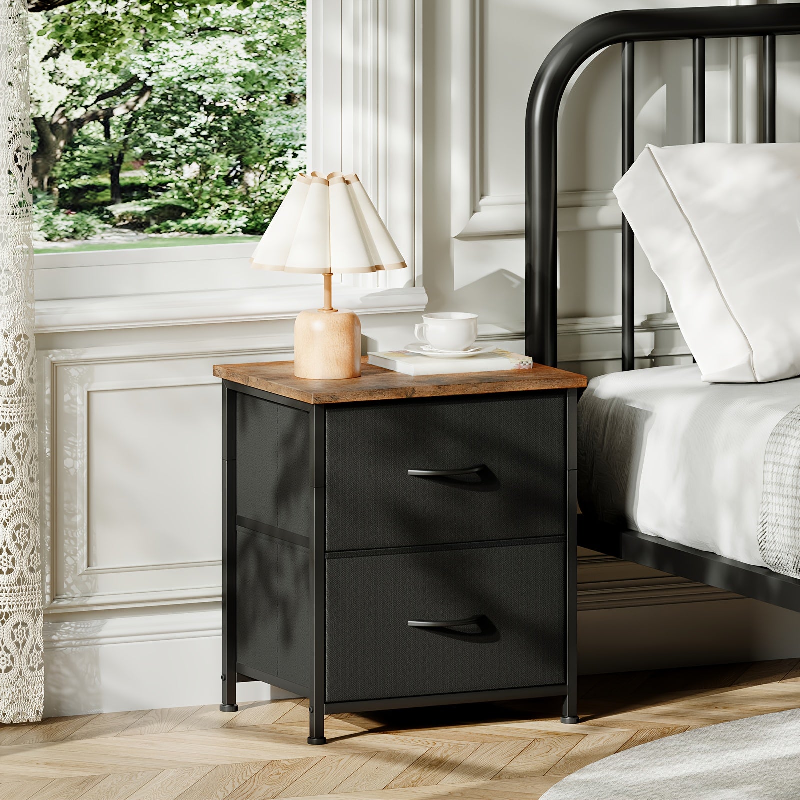 EUNOS Nightstand, Small Dresser For Bedroom With 2 Drawers, Bedside Table Night Stand End Table With Fabric Bins For Bedroom Closet Dorm Guest Room