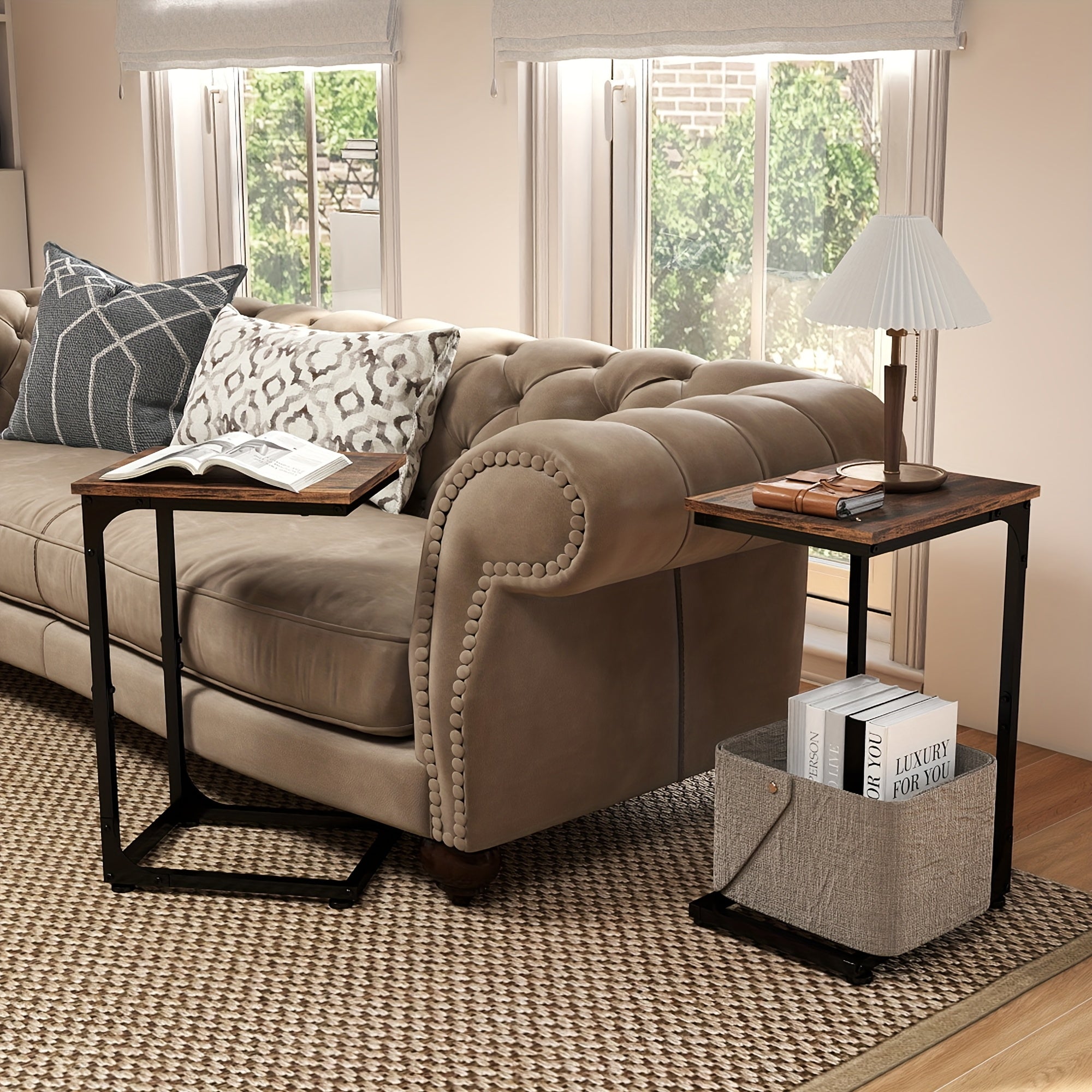 C-Shaped Side Tables, 132LBS Capacity, Rustic C-Shaped End Tables Or Under Sofa Convenience Tables for Living Room, Den, Or Bedside, Living Room Table