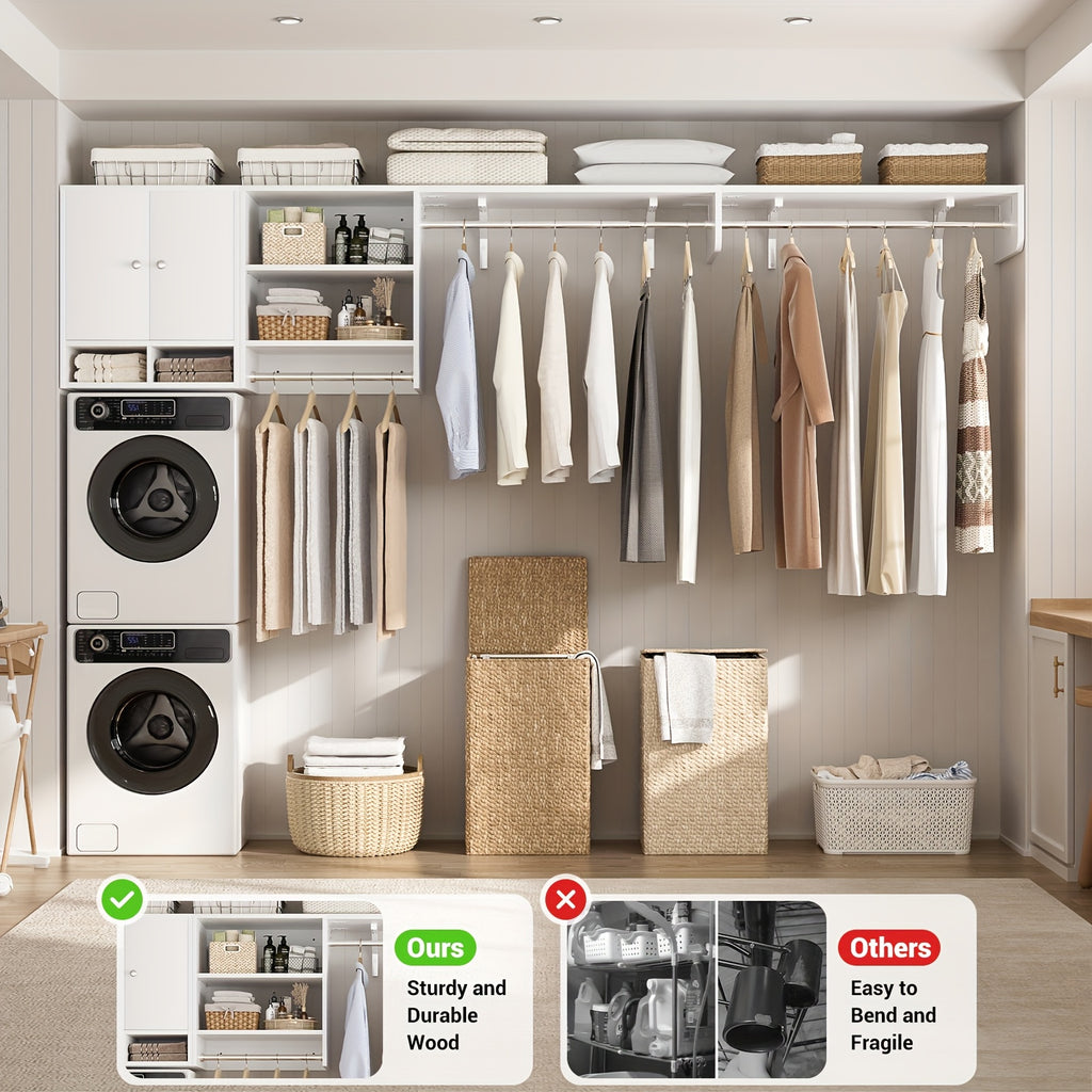 Unikito Wood Closet System with 3 Hanging Rods, 5-10ft Closet Organizer System with Wooden Cabinet & Cube Storage Organizer, Up to 118\