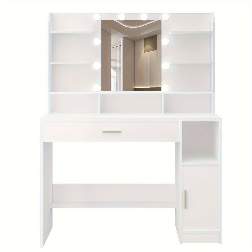 Vanity with Mirror and 10 LED Lights, 3-Level Adjustable Brightness, Dressing Table with Hidden & Open Shelves, Makeup Desk with Oversized Drawer Cabinet in White