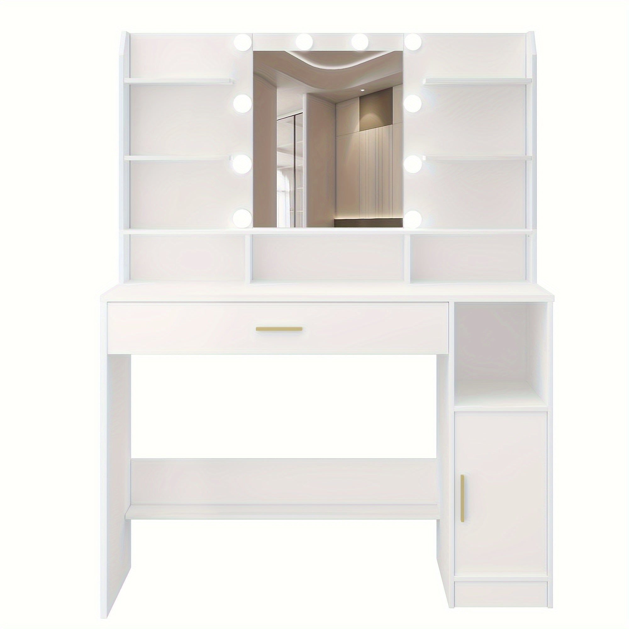 Vanity with Mirror and 10 LED Lights, 3-Level Adjustable Brightness, Dressing Table with Hidden & Open Shelves, Makeup Desk with Oversized Drawer Cabinet in White