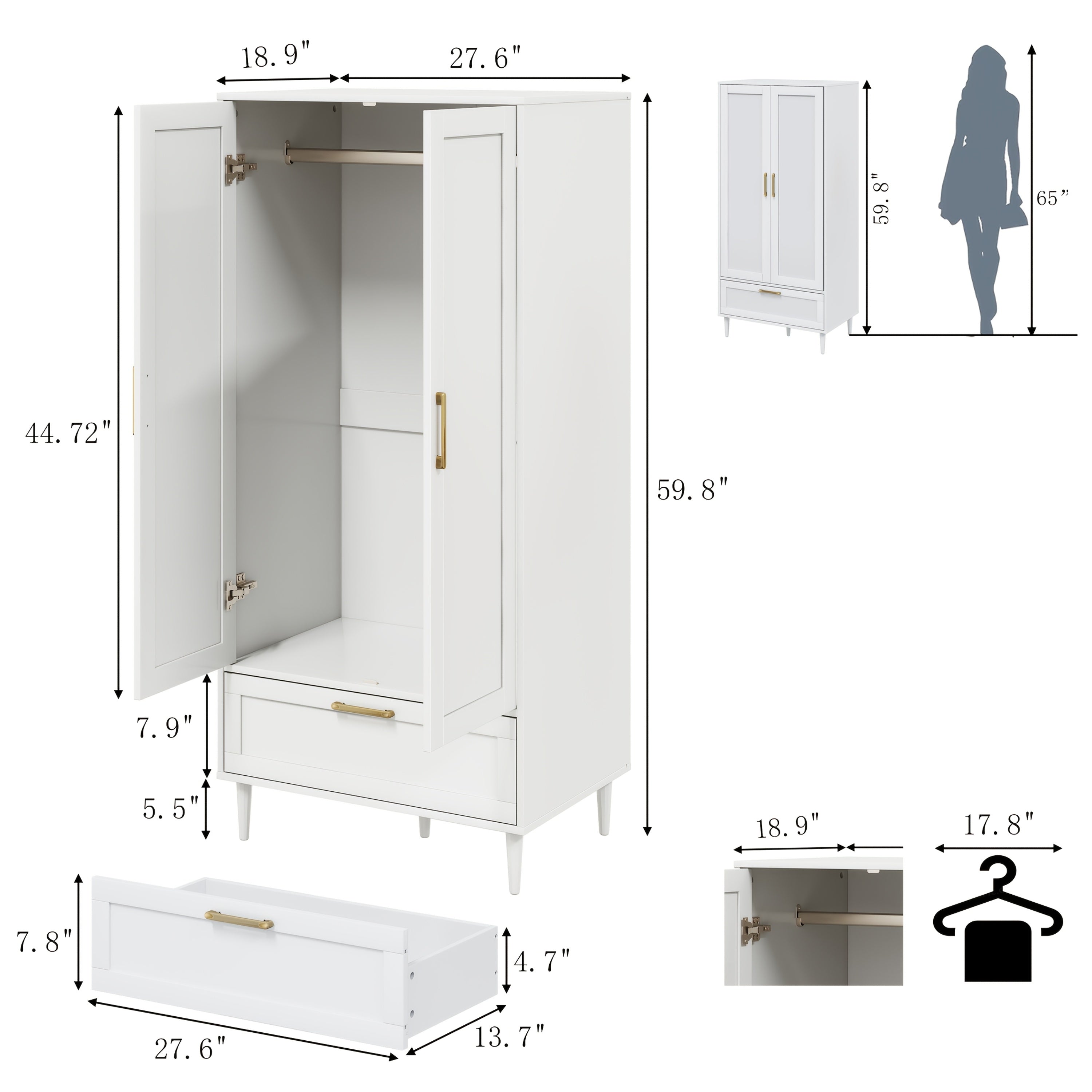 Modern Freestanding Wardrobe With Drawers, Double Doors, 60-Inch Large Capacity Storage Cabinet With Hanging Rod, Ideal For Bedroom Home Organization