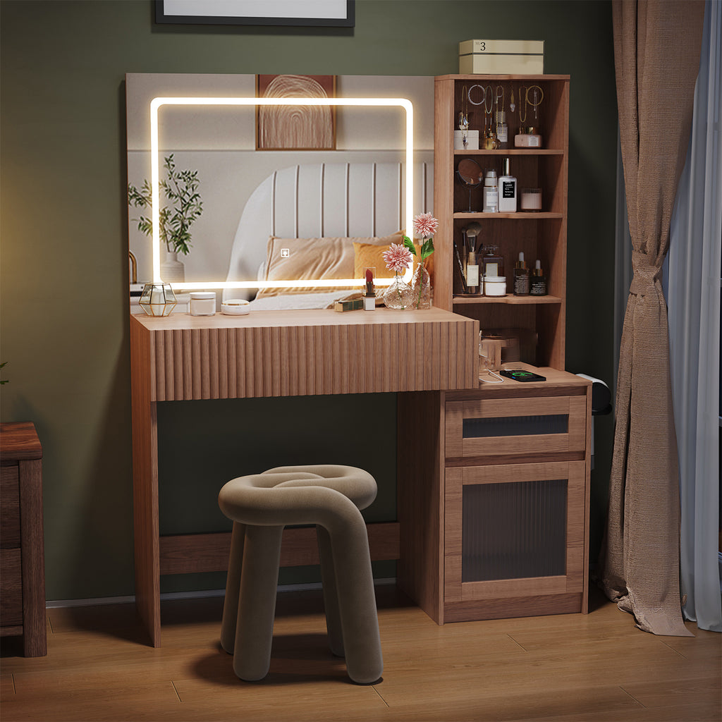 Makeup Vanity Desk with Mirror & LED Lights | USB Charging Station, 2 Drawers & Storage Shelves