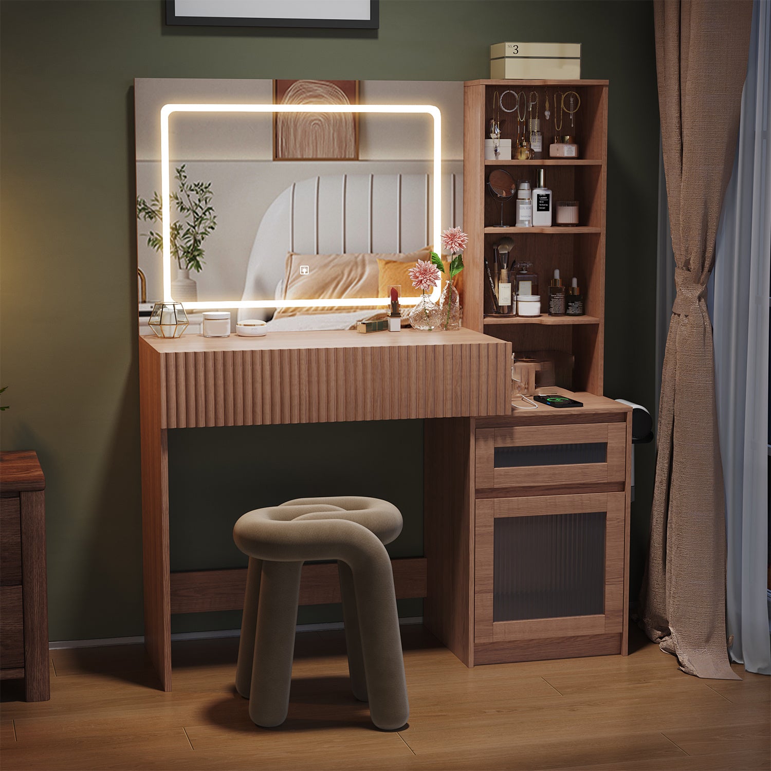 Makeup Vanity Desk with Mirror & LED Lights | USB Charging Station, 2 Drawers & Storage Shelves