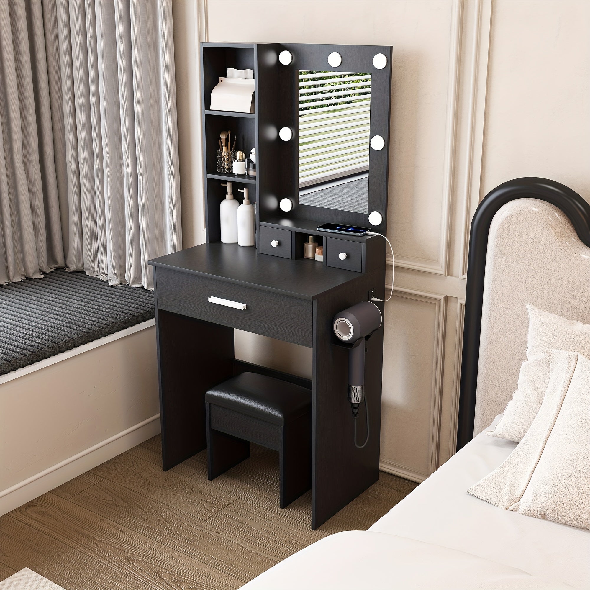 Vanity Table with Mirror & Adjustable LED Lights, Power Outlet, Hairdryer Holder & Stool -Compact Dressing Desk for Small Bedrooms(White\u002FBlack\u002FVintage), Black Vanity Desk with Mirror And Lights, Mini Vanity, Dressing Mirror with Storage
