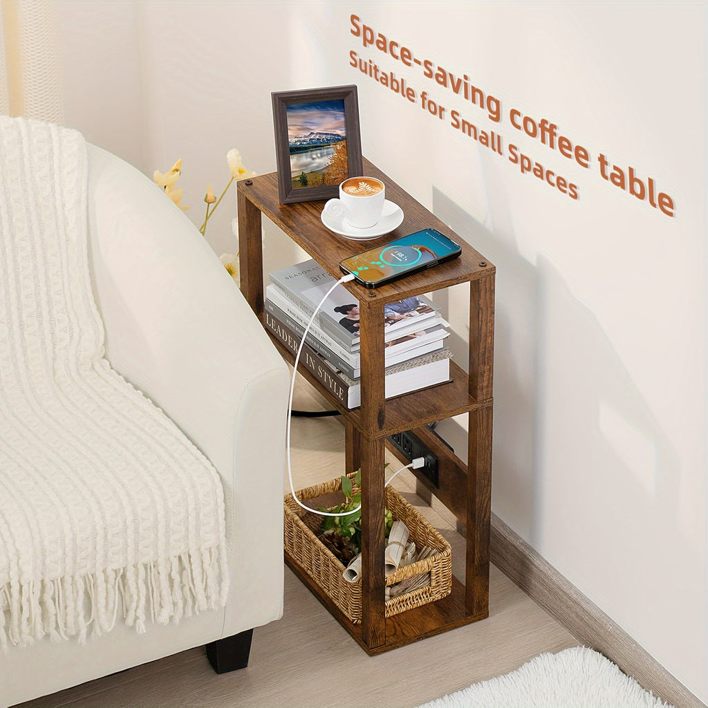 3-Tier Small Narrow Wood Side Table With Charging Station, Skinny Nightstand For Small Space, Slim Bedside Table With Storage For Couch, Thin End Table With USB Ports And Outlets, Rustic Brown