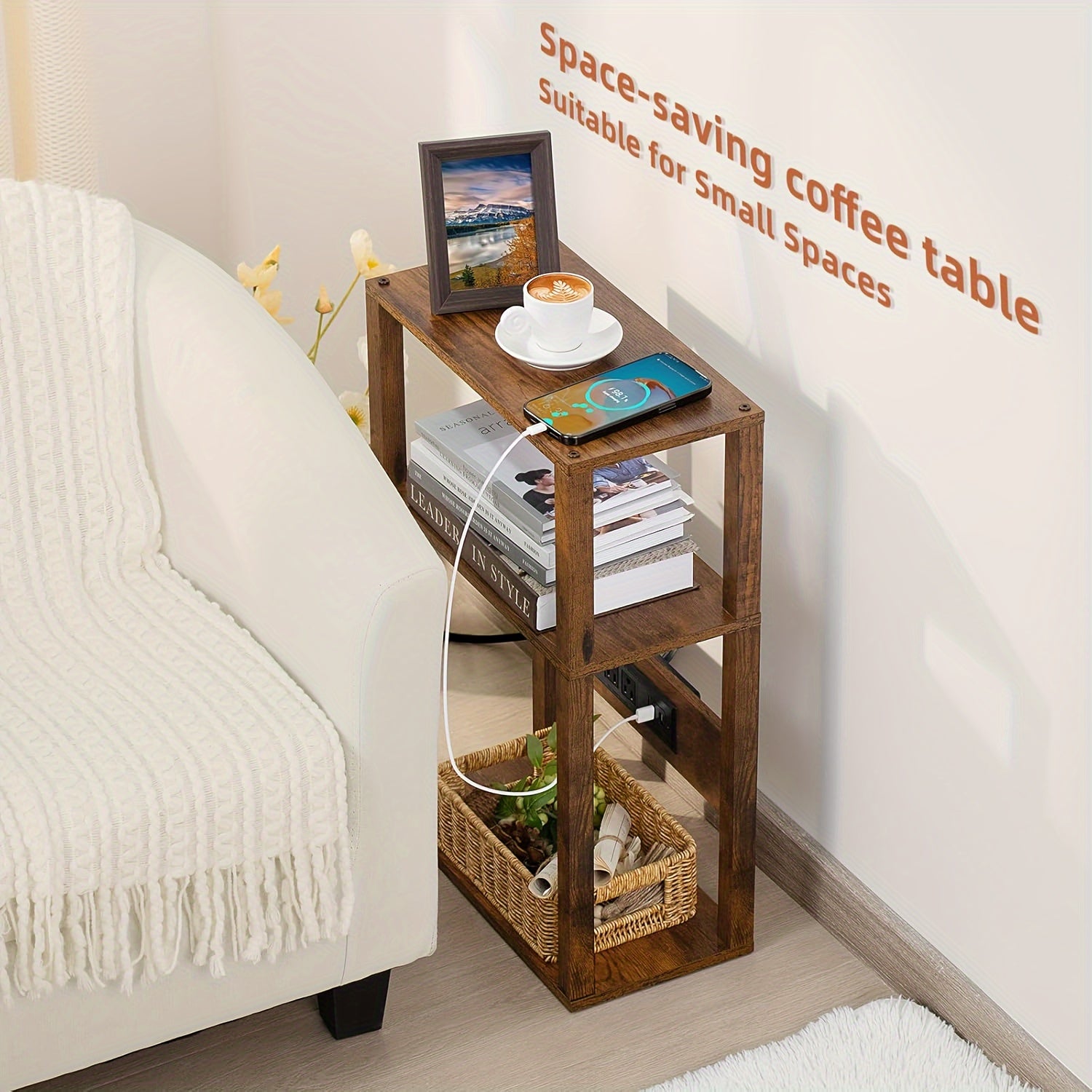 3-Tier Small Narrow Wood Side Table With Charging Station, Skinny Nightstand For Small Space, Slim Bedside Table With Storage For Couch, Thin End Table With USB Ports And Outlets, Rustic Brown