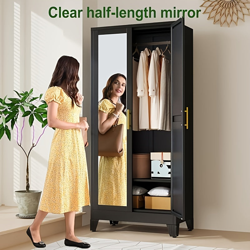 70.86-Inch Tall Mirror Wardrobe Featuring Adjustable Shelves And Storage Cabinets for Hanging Clothes, Ideal for Bedrooms, Laundry Areas, And Entryways.
