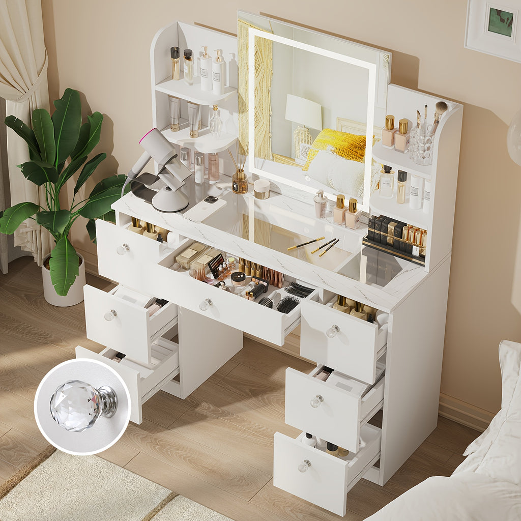 Glass Top Makeup Vanity with Large Lighted Mirror And Charging Station, 3 Lighting Modes And Adjustable Brightness, Vanity Table with 7 Drawers And 6 Open Shelves, White, Black