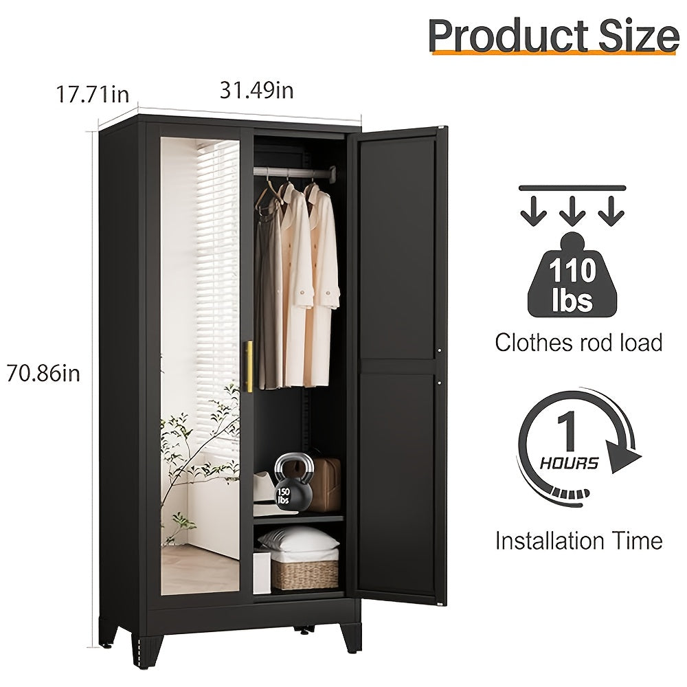 70.86-Inch Tall Mirror Wardrobe Featuring Adjustable Shelves And Storage Cabinets for Hanging Clothes, Ideal for Bedrooms, Laundry Areas, And Entryways.