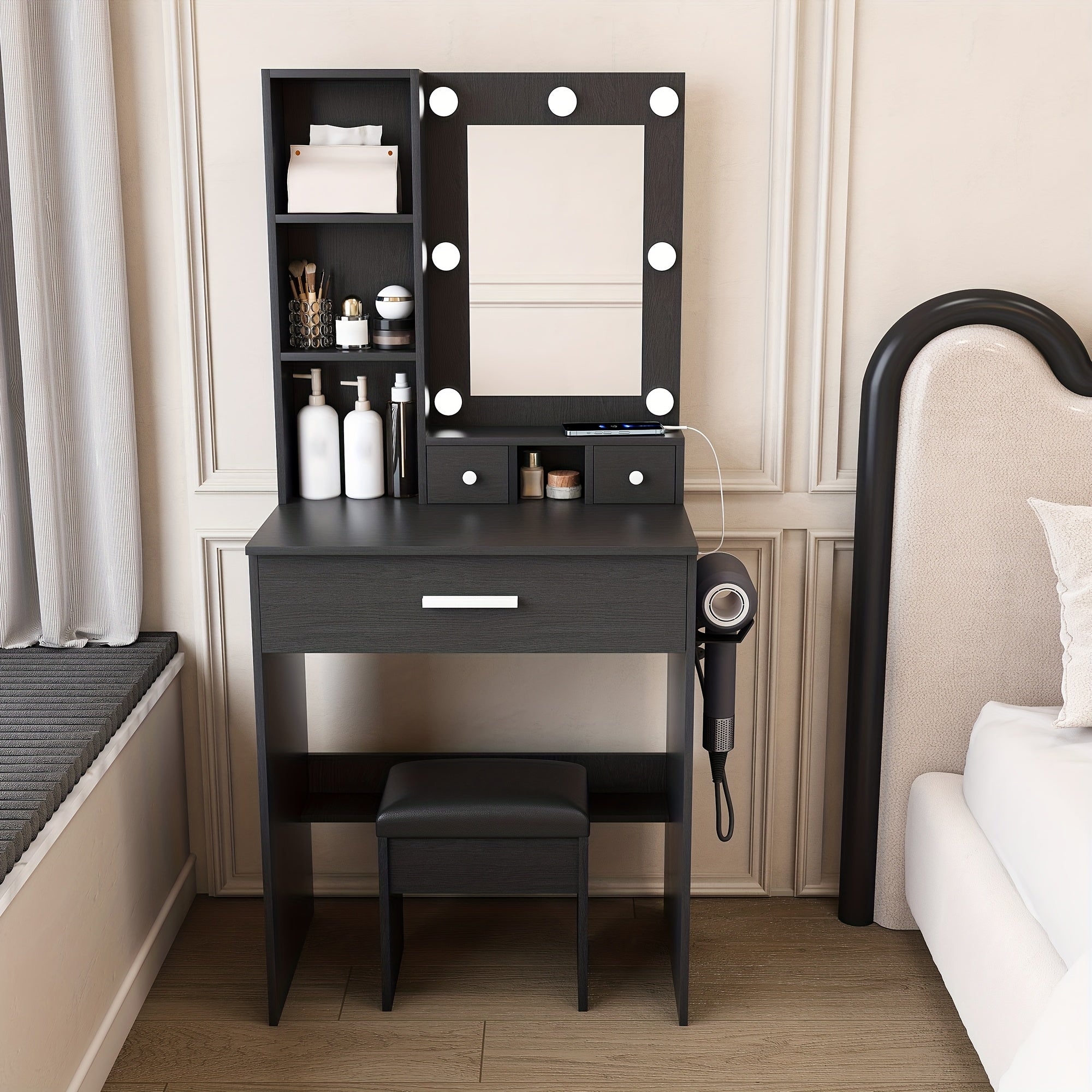Vanity Table with Mirror & Adjustable LED Lights, Power Outlet, Hairdryer Holder & Stool -Compact Dressing Desk for Small Bedrooms(White\u002FBlack\u002FVintage), Black Vanity Desk with Mirror And Lights, Mini Vanity, Dressing Mirror with Storage