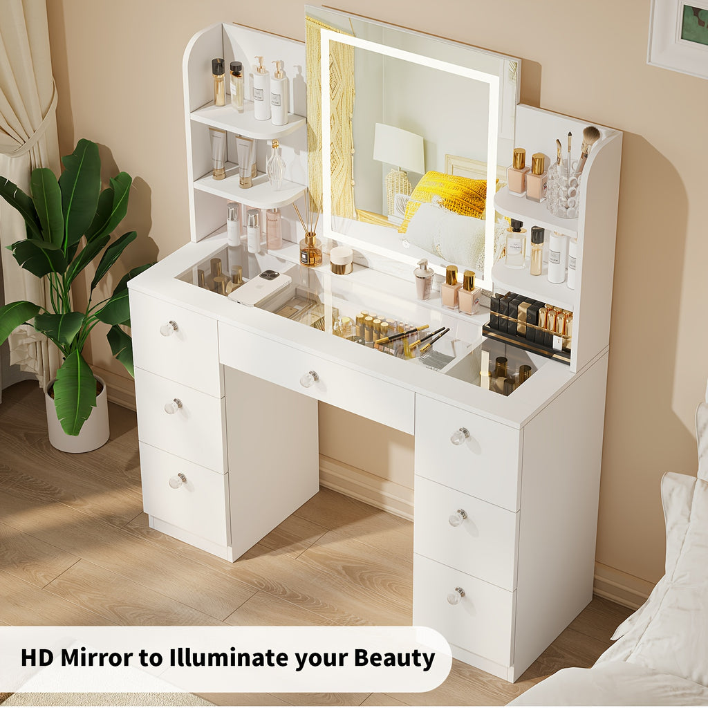 Glass Top Makeup Vanity with Large Lighted Mirror And Charging Station, 3 Lighting Modes And Adjustable Brightness, Vanity Table with 7 Drawers And 6 Open Shelves, White, Black