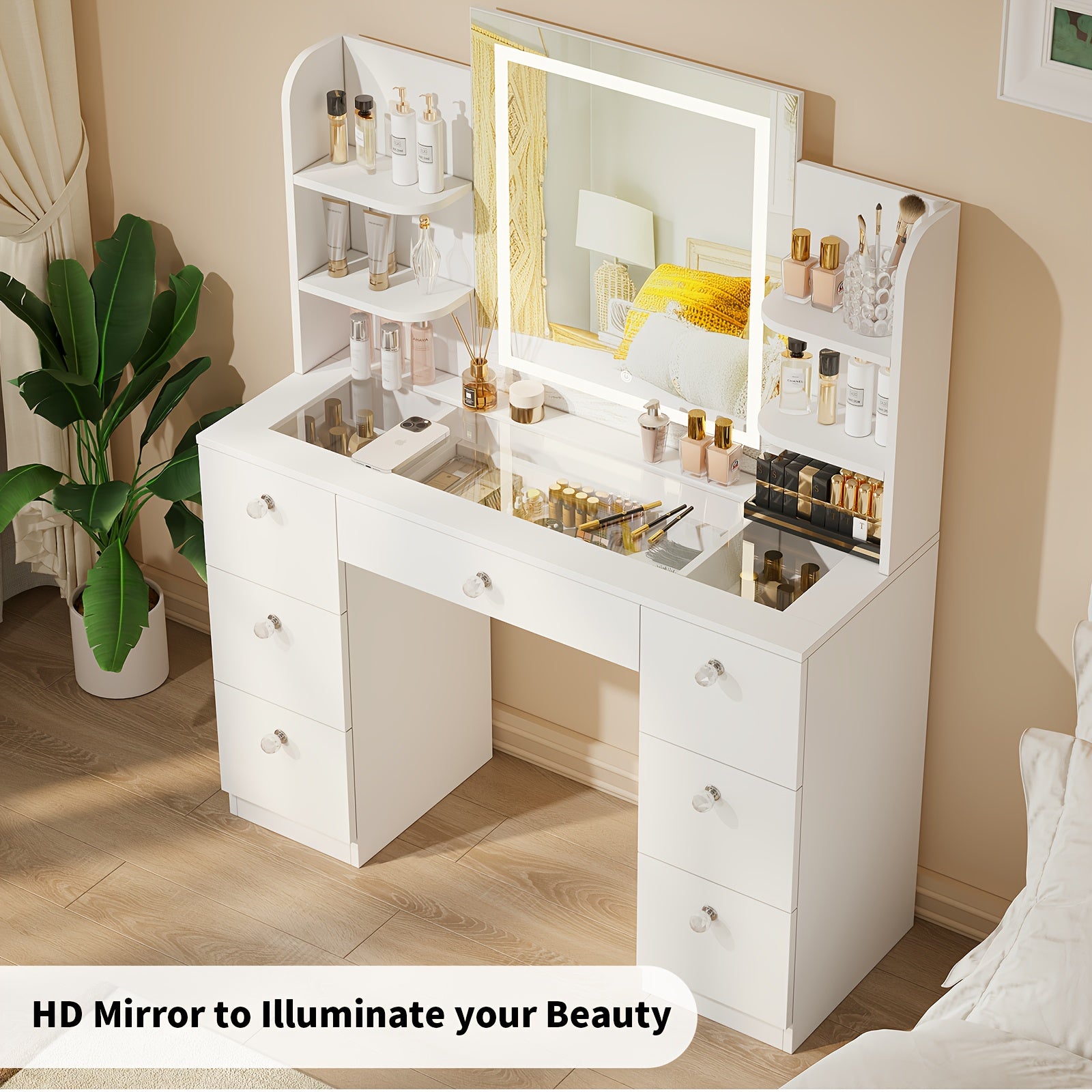 Glass Top Makeup Vanity with Large Lighted Mirror And Charging Station, 3 Lighting Modes And Adjustable Brightness, Vanity Table with 7 Drawers And 6 Open Shelves, White, Black
