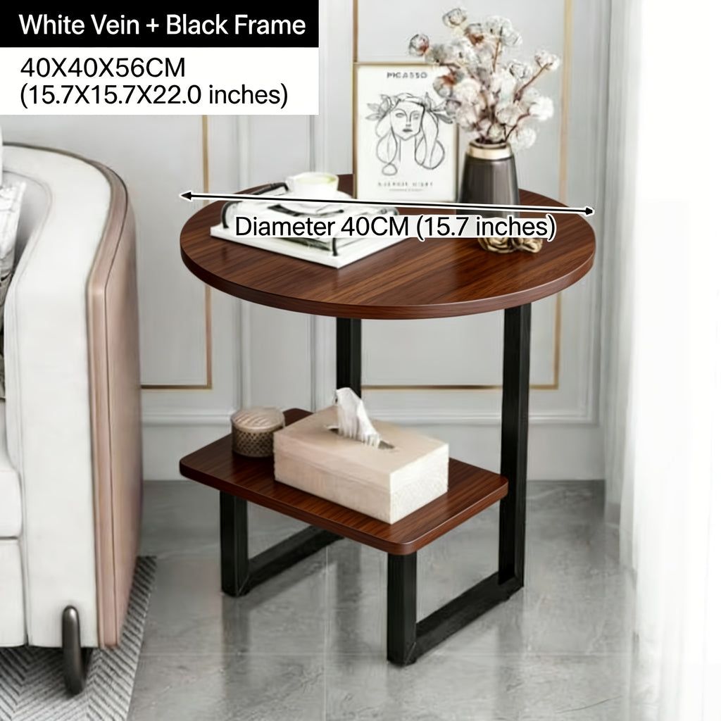 Contemporary Circular Bedside Table Featuring a Storage Shelf, with a White Marble Surface And a Black Metal Structure, Measuring 15.7 Inches in Diameter