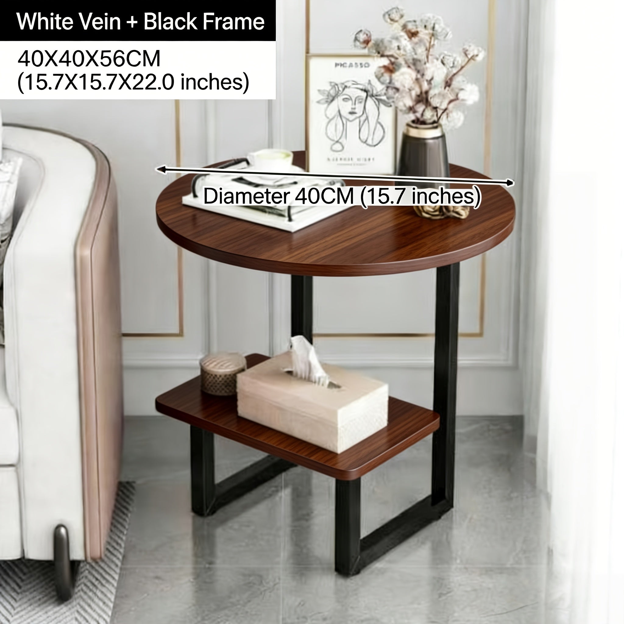 Contemporary Circular Bedside Table Featuring a Storage Shelf, with a White Marble Surface And a Black Metal Structure, Measuring 15.7 Inches in Diameter