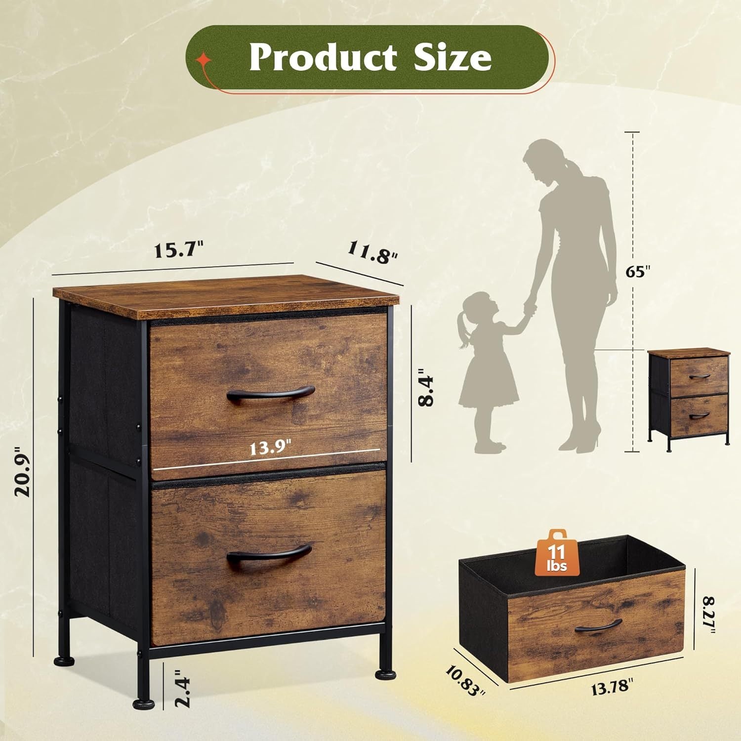 Night Stand, Small Dresser with 2 Drawers & Wooden Top, Nightstand with Fabric Bins, Bedside Table End Table for Bedroom, Closet, Entryway, College Dorm, Rustic Brown