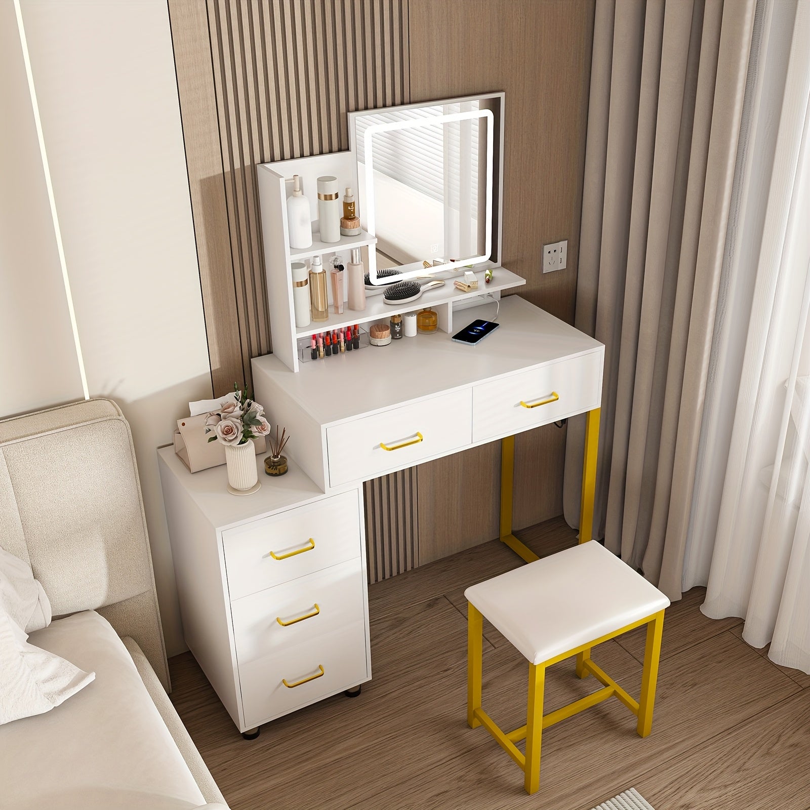 Montary Modern Dressing Table with Mirror And Light, Dressing Table with 5 Storage Drawers And Shelves, Dressing Table Set with Adjustable 3 Mode Lighting And Hairdryer Holder, White And Golden