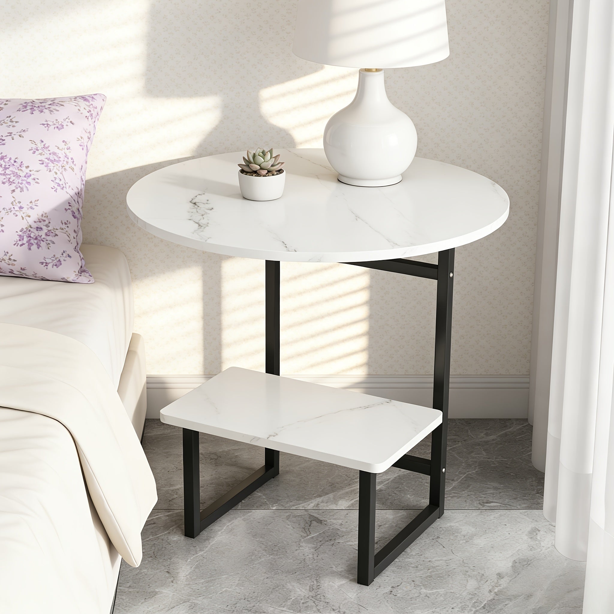 Contemporary Circular Bedside Table Featuring a Storage Shelf, with a White Marble Surface And a Black Metal Structure, Measuring 15.7 Inches in Diameter