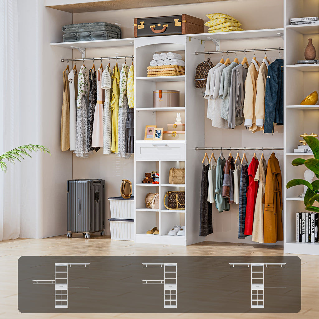 Closet System with Drawers, 8ft Walk In Closets Organizer with 3 Shelving Towers, 96\