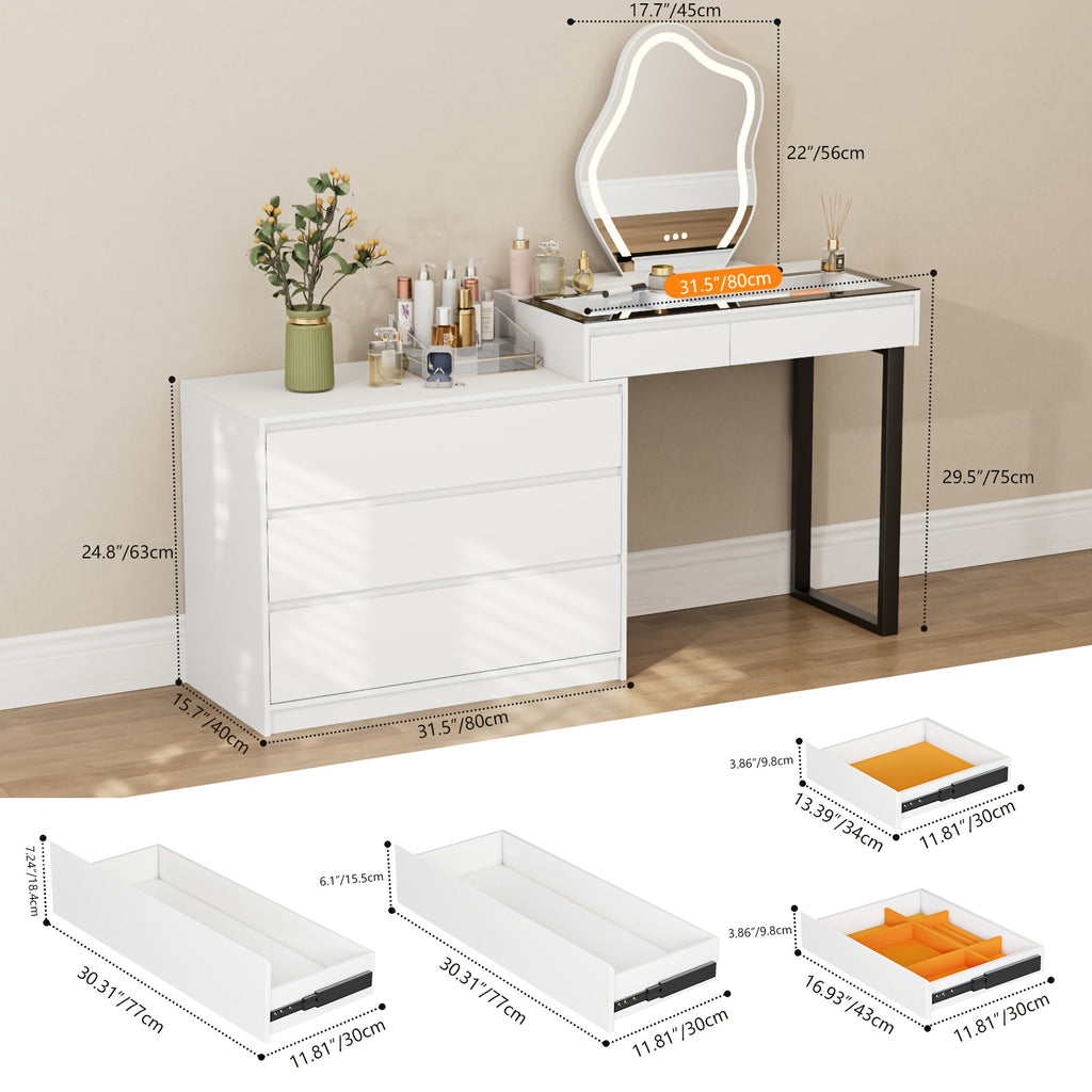 1pc Corner Vanity Table with Mirror And LED Lights - Farmhouse Style Makeup Dressing Table with Glass Top And 5 Drawers - Modern Vanity Desk with 3 Lighting Modes, White