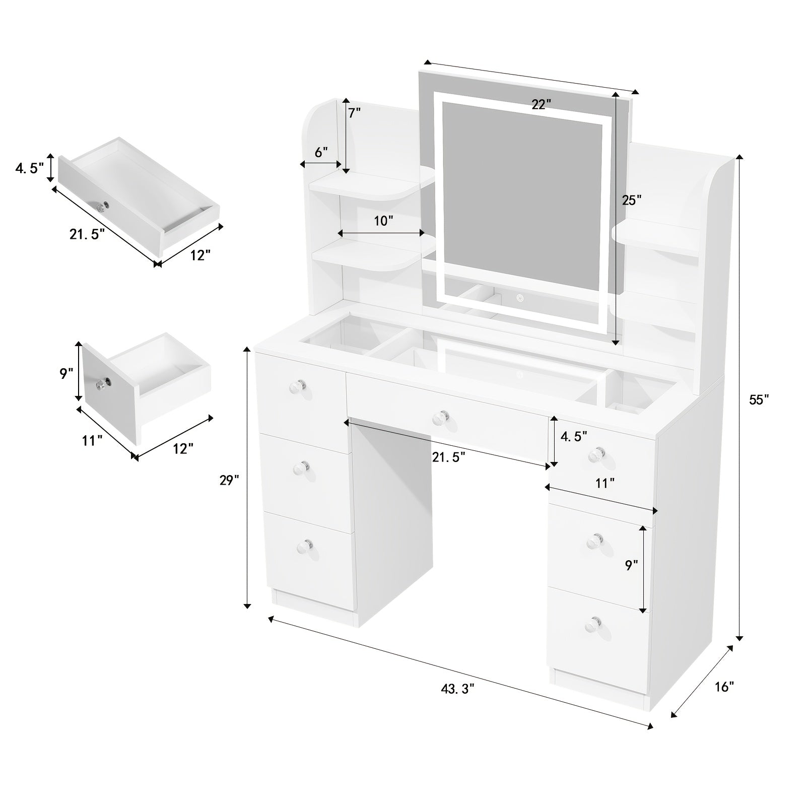 Glass Top Makeup Vanity with Large Lighted Mirror And Charging Station, 3 Lighting Modes And Adjustable Brightness, Vanity Table with 7 Drawers And 6 Open Shelves, White, Black