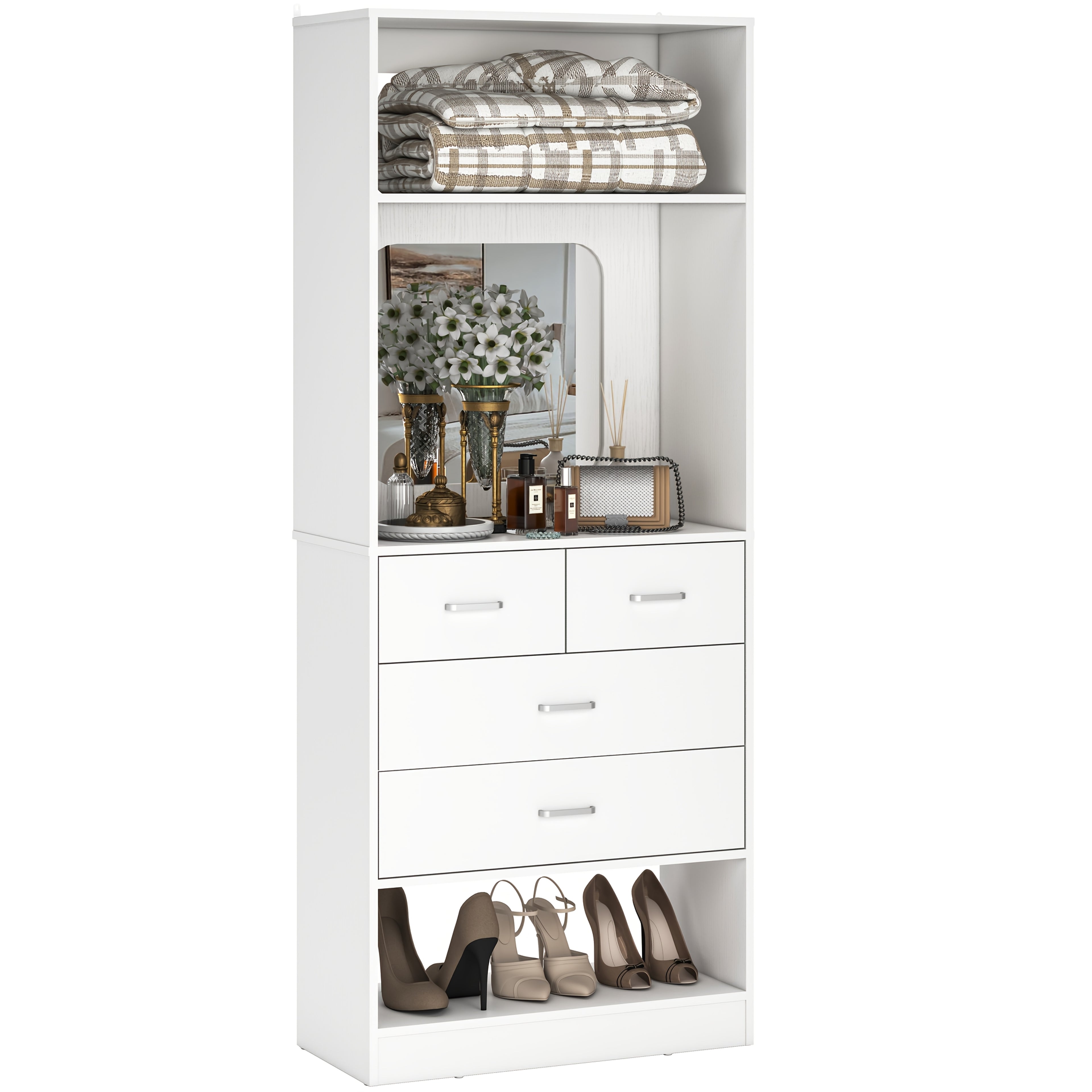 Unikito 25-Inch Wardrobe System Featuring Four Drawers, a 2-Foot Wooden Closet Organizer with Storage Shelves And a Mirror Design, a Robust Freestanding Walk-In Closet Tower for The Bedroom, Measuring 25\