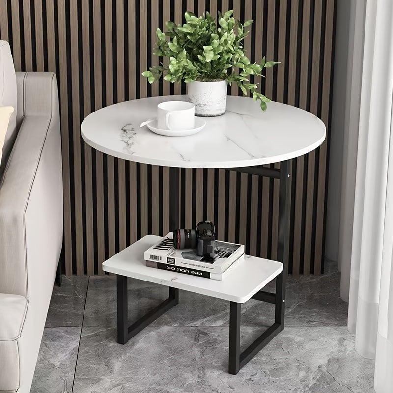 Contemporary Circular Bedside Table Featuring a Storage Shelf, with a White Marble Surface And a Black Metal Structure, Measuring 15.7 Inches in Diameter