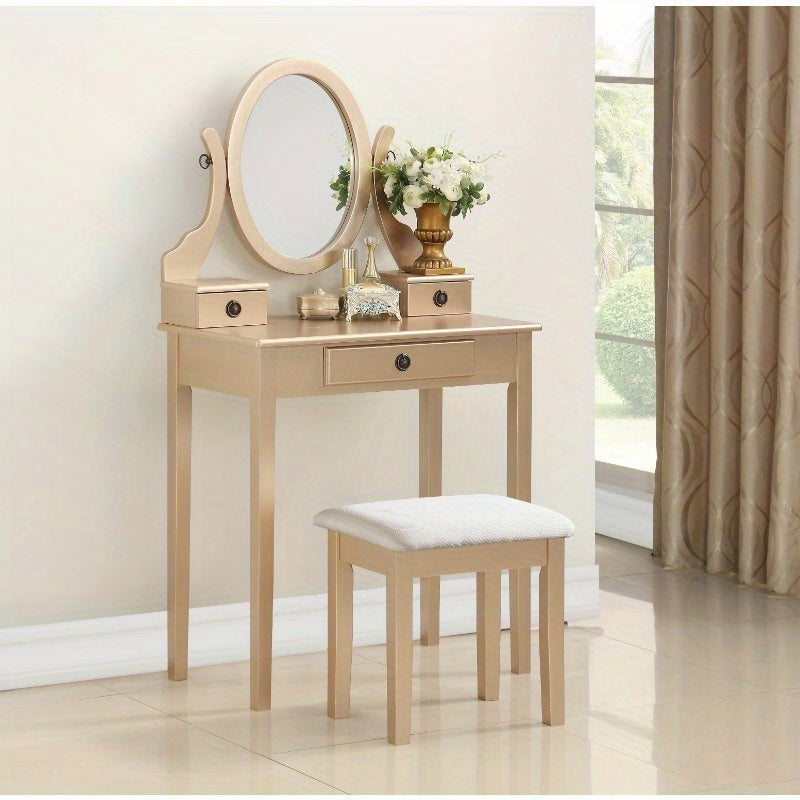 Glamorous Makeup Vanity Table and Stool Set in Golden Finish, Ideal for Bedroom, Dressing Room, Vanity Area, Elegant and Stylish, Perfect for Personal Grooming, Compact Design