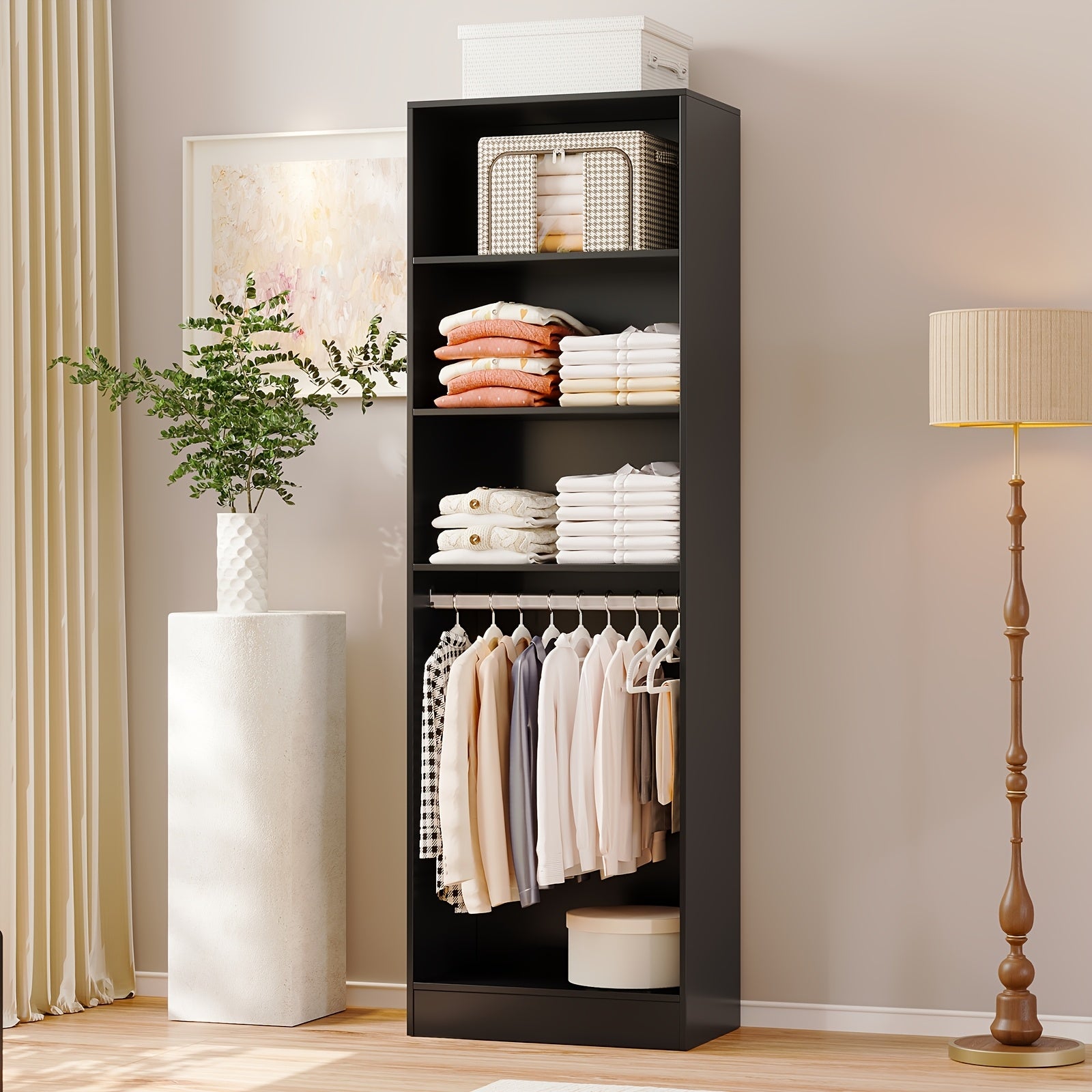 Modern Modular Closet System with Drawers, Hanging Rods & Shelves - MDF\u002FFiberboard Wardrobe Organizer Suitable for Entry, Bedroom, Living Room, Tall Storage Cabinet Unit with Hanging Space, Shelves & -Standing, Assembly