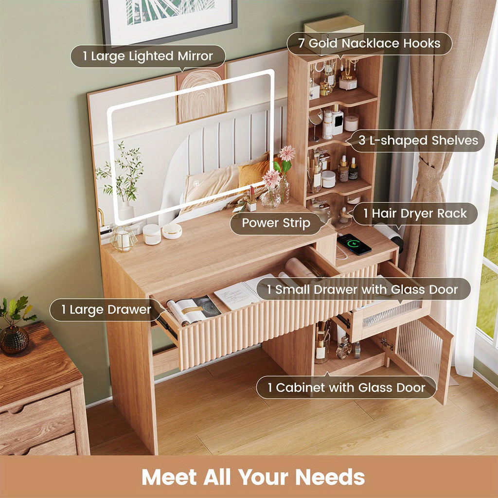 Makeup Vanity Desk with Mirror & LED Lights | USB Charging Station, 2 Drawers & Storage Shelves