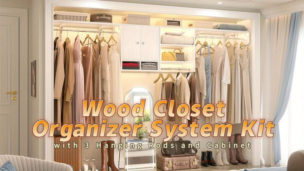 Unikito Wood Closet System with 3 Hanging Rods, 5-10ft Closet Organizer System with Wooden Cabinet & Cube Storage Organizer, Up to 118\