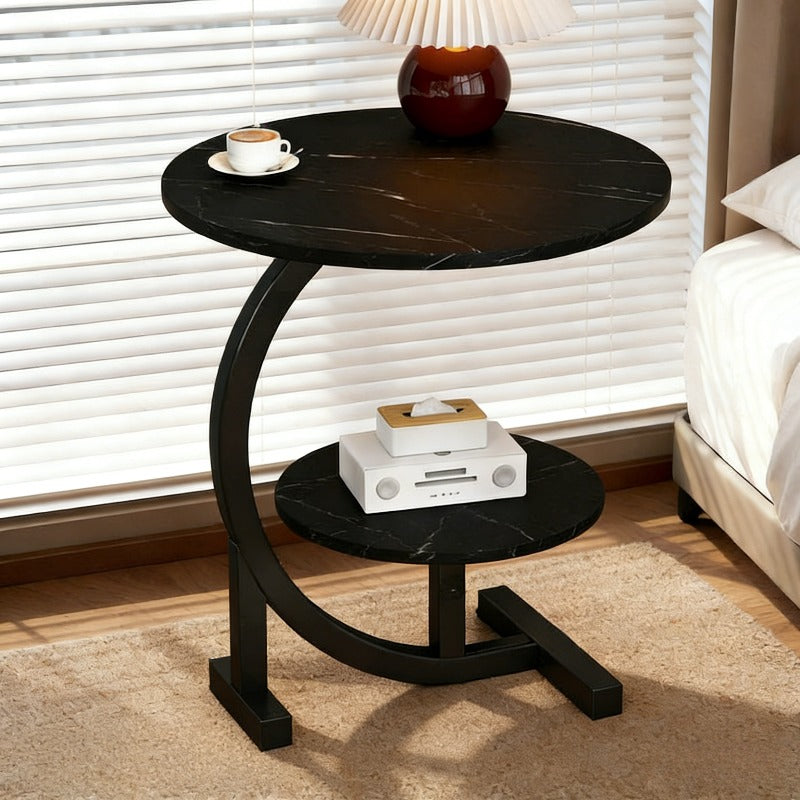 Modern Minimalist Wrought-iron Wooden Side Table with Marble Top. Space-saving Sofa\u002Fnightstand with Storage. Features Metal Frame and Crescent Base Design, Compact and Portable, Easy to Assemble. Ideal for Small Apartments, Living Rooms, Bedrooms.