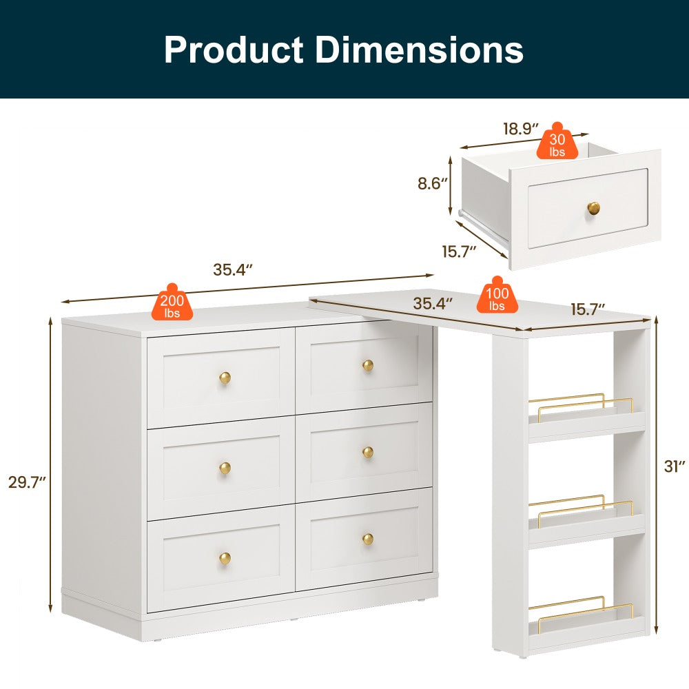 Royalcraft 6-Drawer Expandable Corner Vanity Table And Dresser Set with 3 Side Shelves, Makeup Vanity Desk, Wooden Dressing Table for Bedroom And Dressing Room
