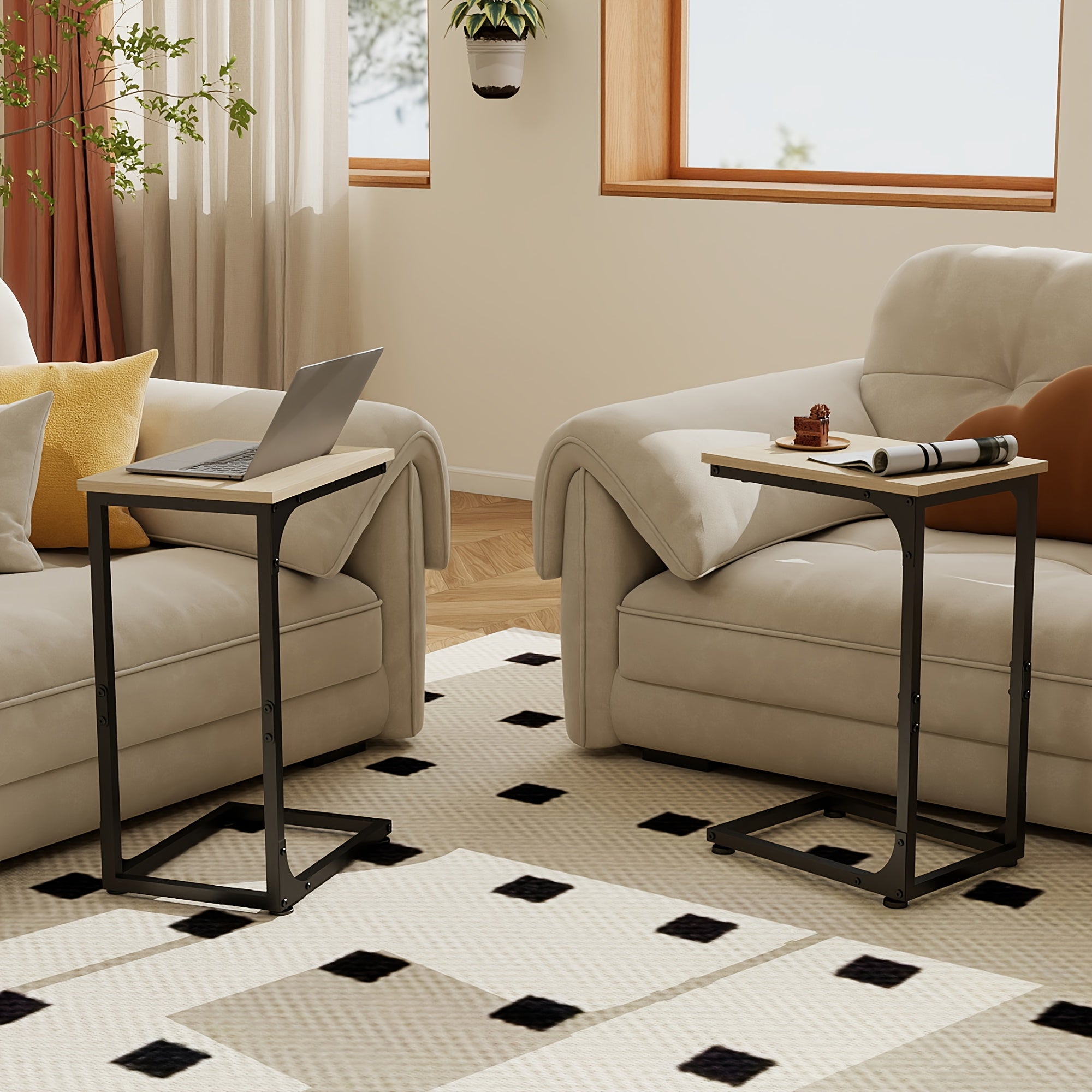 C-Shaped Side Tables, 132LBS Capacity, Rustic C-Shaped End Tables Or Under Sofa Convenience Tables for Living Room, Den, Or Bedside, Living Room Table