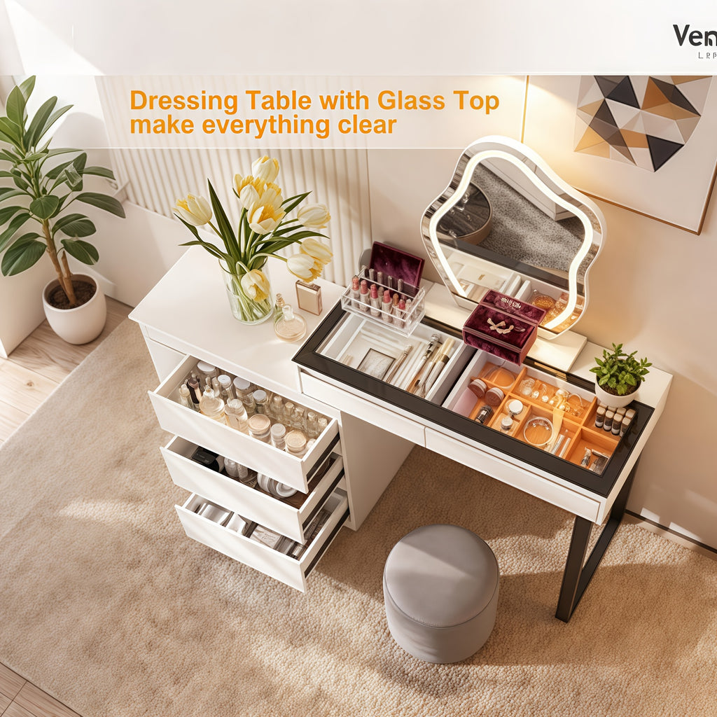 1pc Corner Vanity Table with Mirror And LED Lights - Farmhouse Style Makeup Dressing Table with Glass Top And 5 Drawers - Modern Vanity Desk with 3 Lighting Modes, White