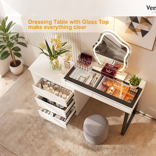 1pc Corner Vanity Table with Mirror And LED Lights - Farmhouse Style Makeup Dressing Table with Glass Top And 5 Drawers - Modern Vanity Desk with 3 Lighting Modes, White