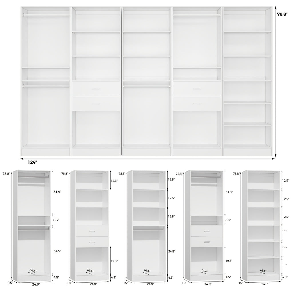 Modern Modular Closet System with Drawers, Hanging Rods & Shelves - MDF\u002FFiberboard Wardrobe Organizer Suitable for Entry, Bedroom, Living Room, Tall Storage Cabinet Unit with Hanging Space, Shelves & -Standing, Assembly