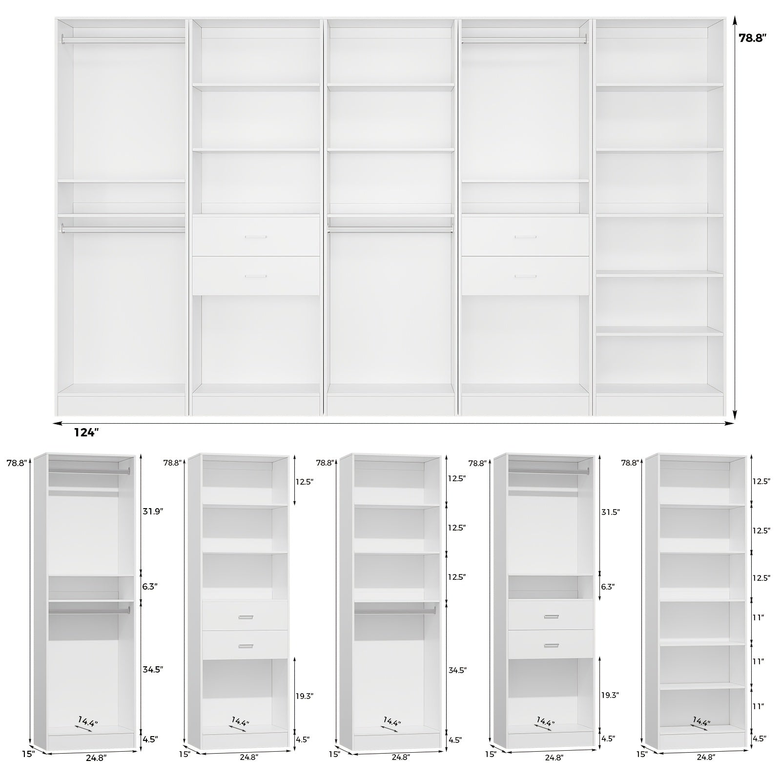 Modern Modular Closet System with Drawers, Hanging Rods & Shelves - MDF\u002FFiberboard Wardrobe Organizer Suitable for Entry, Bedroom, Living Room, Tall Storage Cabinet Unit with Hanging Space, Shelves & -Standing, Assembly