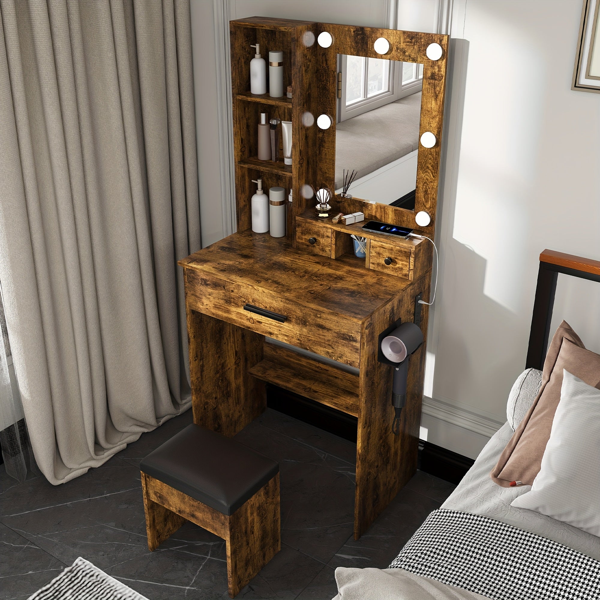 Vanity Table with Mirror & Adjustable LED Lights, Power Outlet, Hairdryer Holder & Stool -Compact Dressing Desk for Small Bedrooms(White\u002FBlack\u002FVintage), Black Vanity Desk with Mirror And Lights, Mini Vanity, Dressing Mirror with Storage
